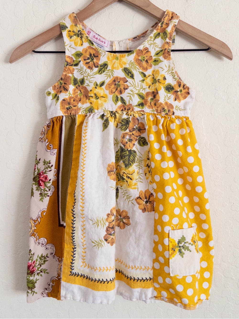 Vintage Sue-Sue’s Sleeveless Patchwork Dress Girls 5 Yellow Floral Polka Dot